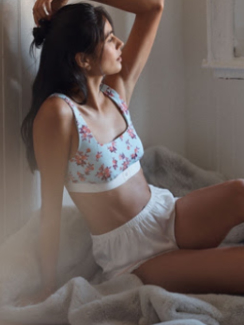 Anthropologie Blue Floral Scoop Bralette with Pink Blossoms